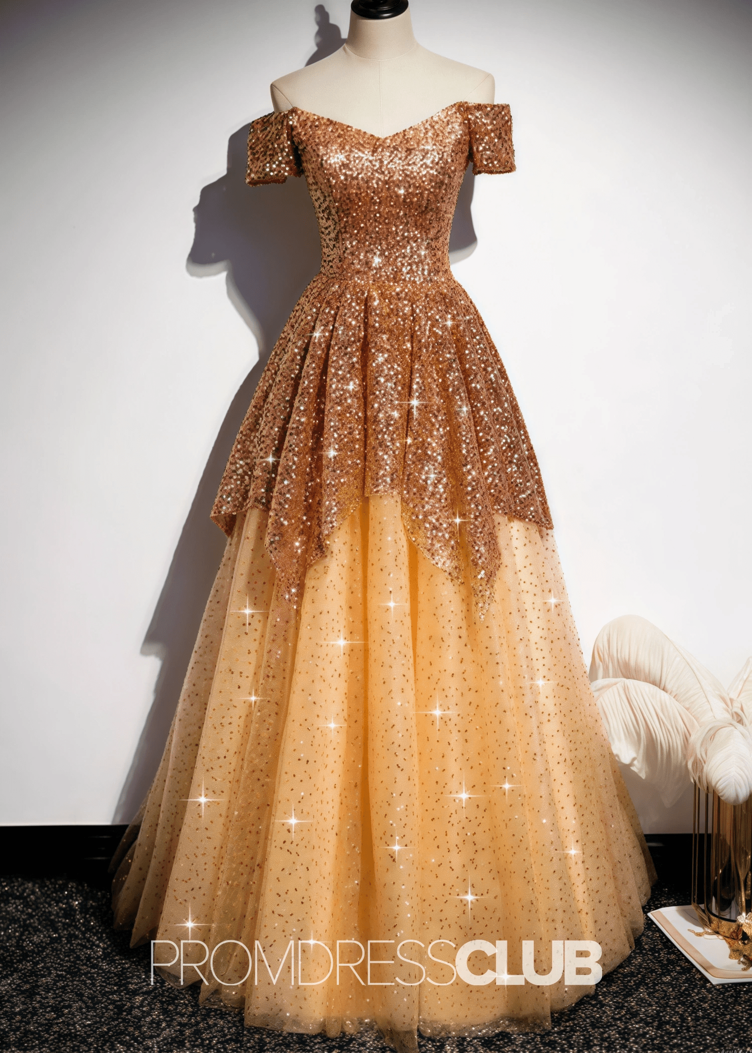 Kelly |Long Gold Prom Dresses Near Me With A Line Off the Shoulder Sequins - Gold - US0 - PromDressClub