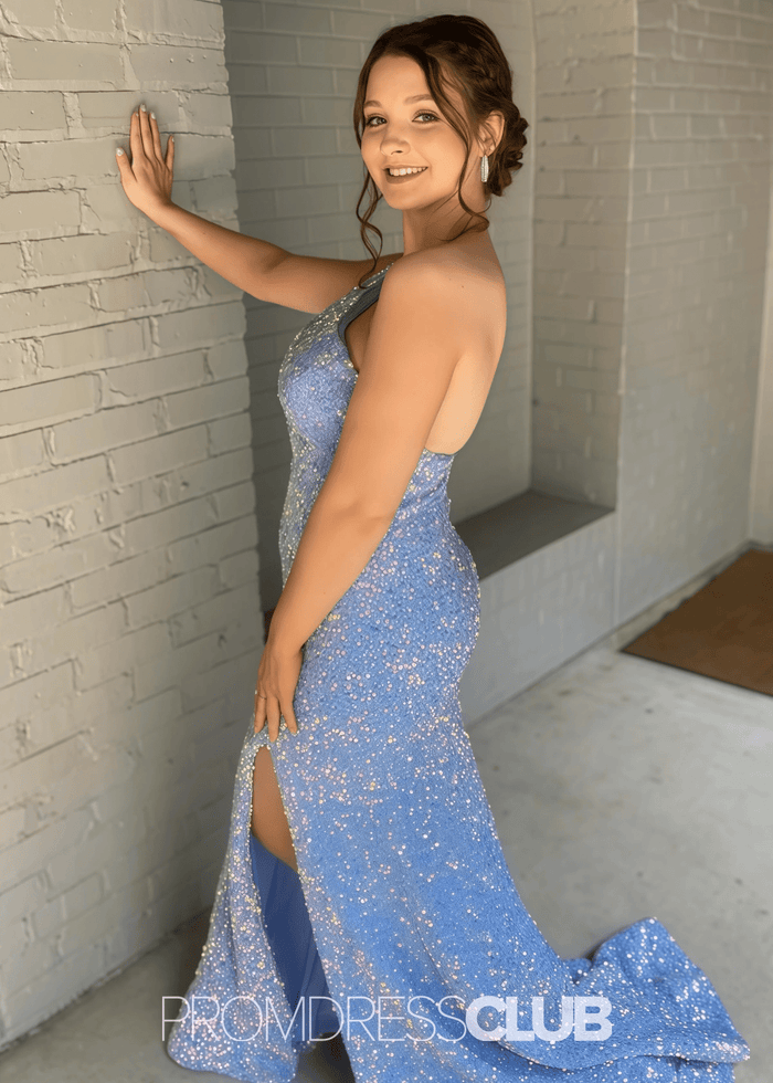 Kelly | Mermaid One Shoulder Light Blue Sequin Long Prom Dress with Slit - Price #price_variant_lowest# - Light Blue - PromDressClub