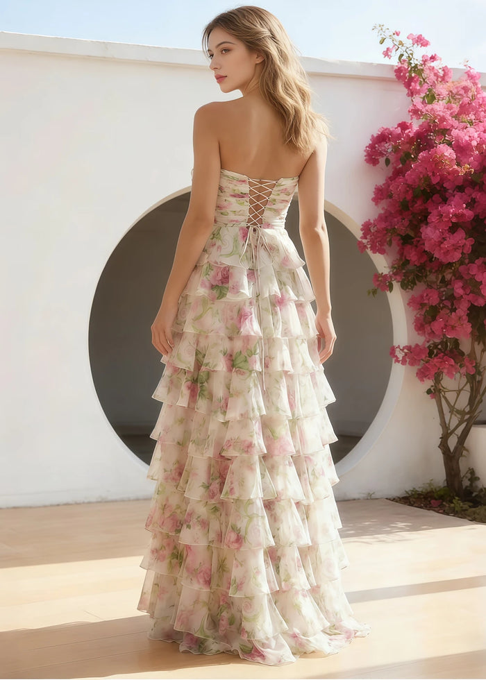 Kiera Ivory Floral Ruffle High Low Prom Dress | A - Line Strapless Sweetheart Neckline Tulle Pleated Cocktail Dress with Bow - Ivory Floral - PromDressClub