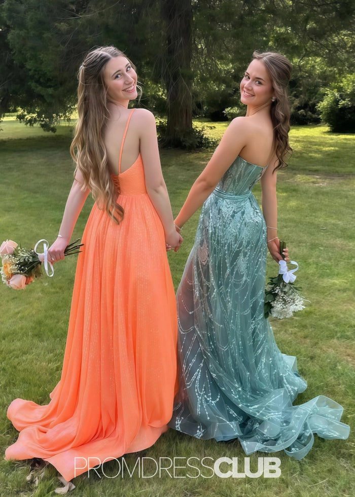 Kimberley | A Line Sparkly Orange Sequin Long Prom Dress with V - neck - Price #price_variant_lowest# - Orange - PromDressClub