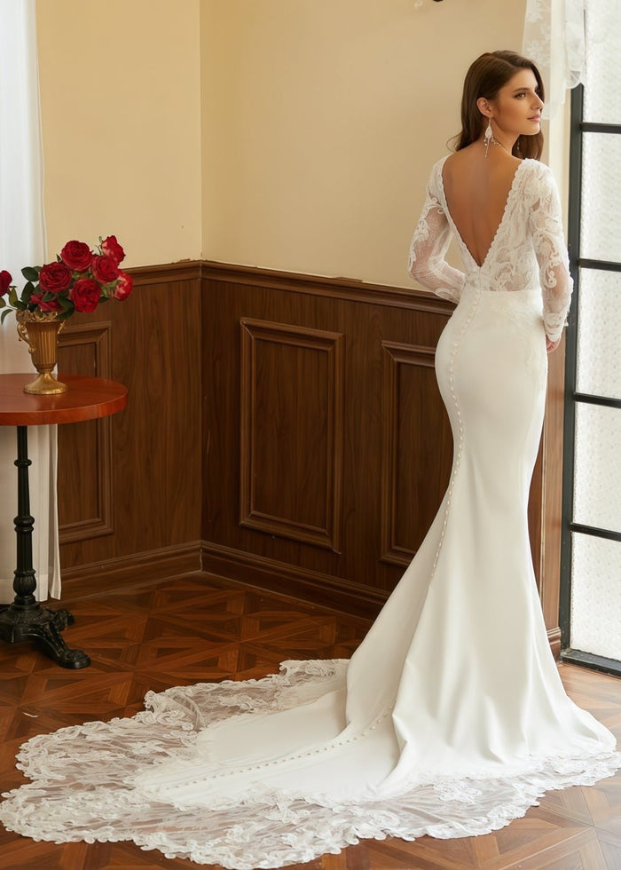 Kimberley | Long Sleeve Lace Mermaid V Neck Ivory Wedding Dress with Cathedral Train - Ivory - PromDressClub