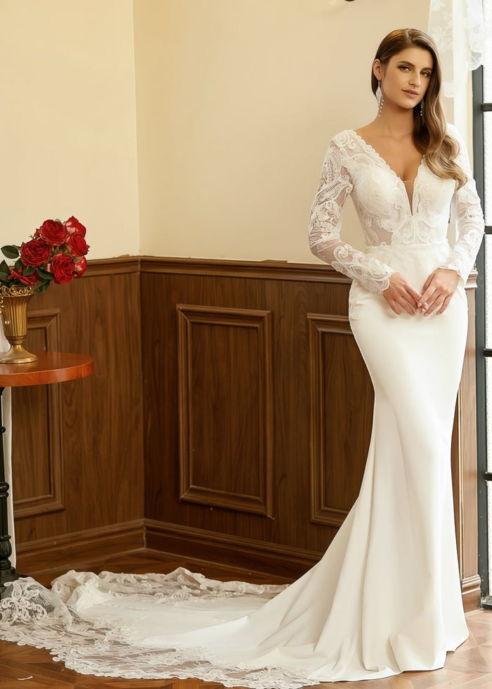 Kimberley | Long Sleeve Lace Mermaid V Neck Ivory Wedding Dress with Cathedral Train - Ivory - PromDressClub
