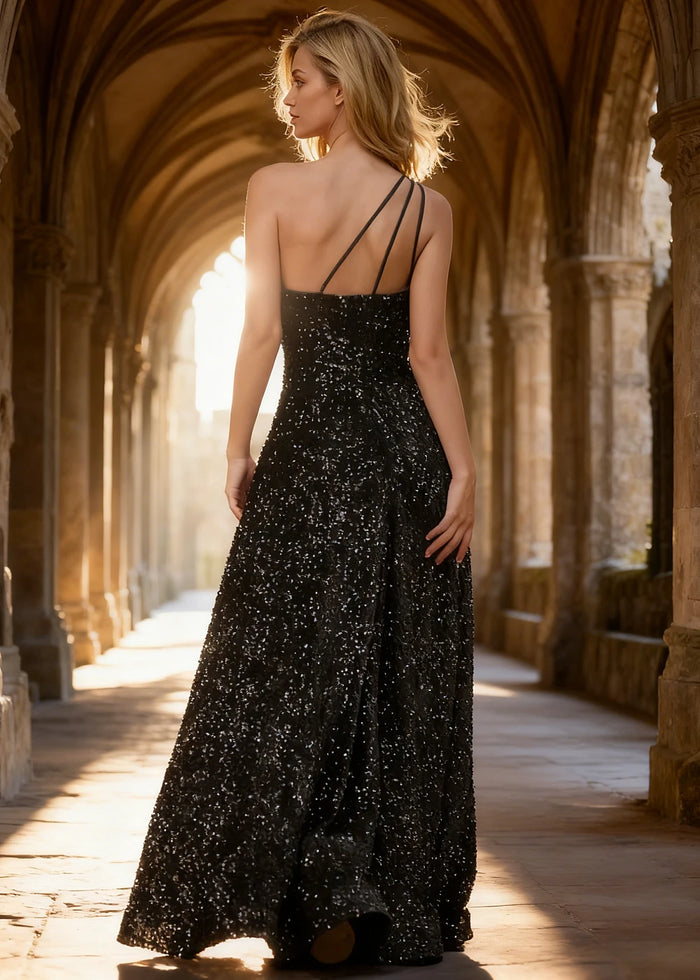 Mara Black Velvet 1 Shoulder Prom Dress | A - Line Asymmetrical Sequin Open Back Gown - US00 - PromDressClub