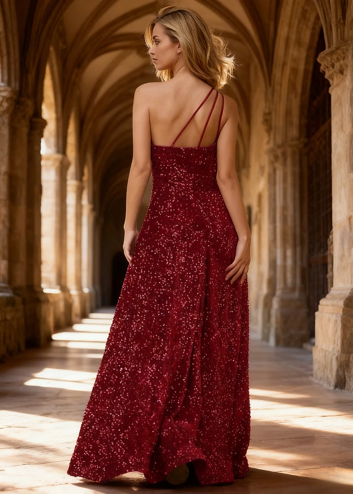 Mara Burgundy Velvet 1 Shoulder Prom Dress | A - Line Asymmetrical Sequin Open Back Gown - US00 - PromDressClub