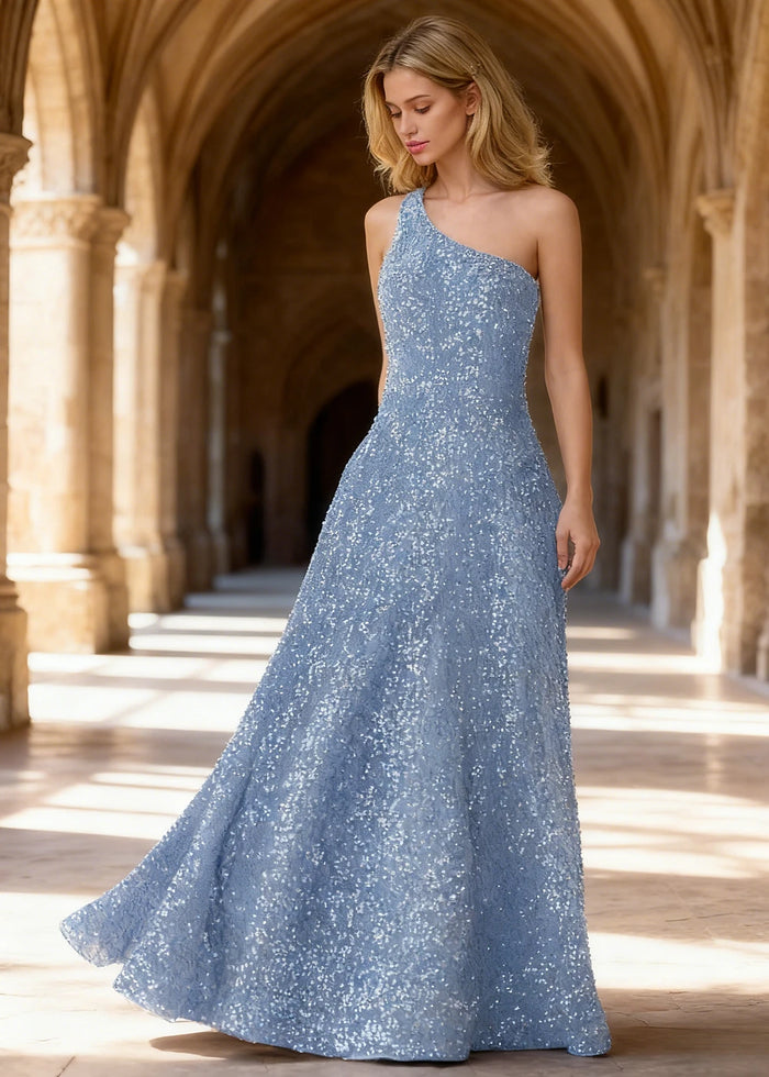 Mara Light Blue Velvet 1 Shoulder Prom Dress | A - Line Asymmetrical Sequin Open Back Gown - US00 - PromDressClub