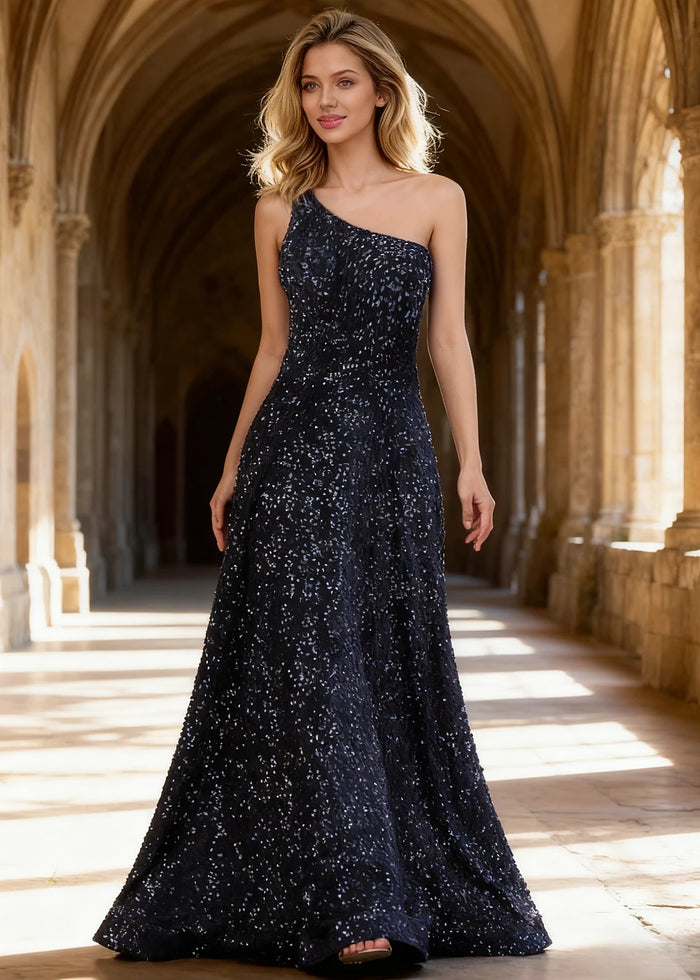 Mara Navy Blue Velvet 1 Shoulder Prom Dress | A - Line Asymmetrical Sequin Open Back Gown - US00 - PromDressClub