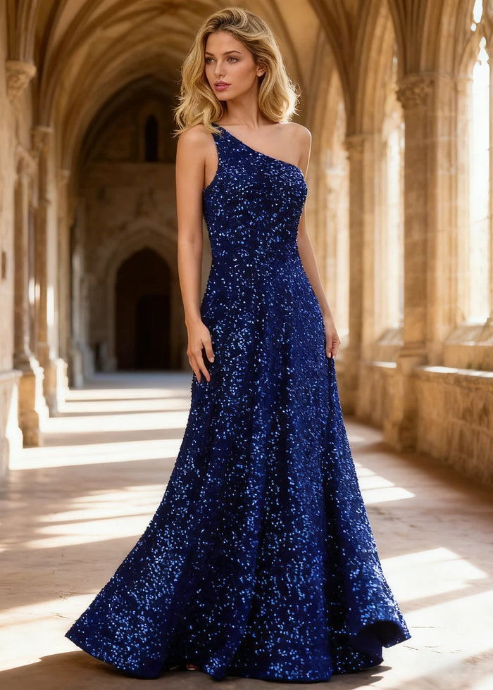 Mara Royal Blue Velvet 1 Shoulder Prom Dress | A - Line Asymmetrical Sequin Open Back Gown - US00 - PromDressClub