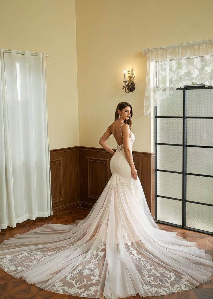 Kitty | Stunning Mermaid V Neck Lace and Tulle Wedding Dress with Cathedral Train - Ivory - PromDressClub