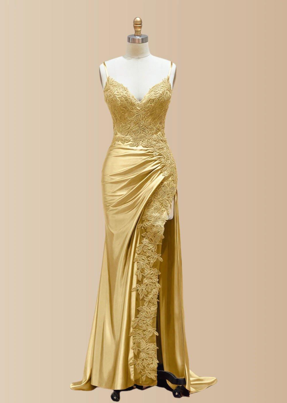 Kristin | Black Prom Dresses Long Mermaid V Neck Lace with High Slit - Gold - PromDressClub