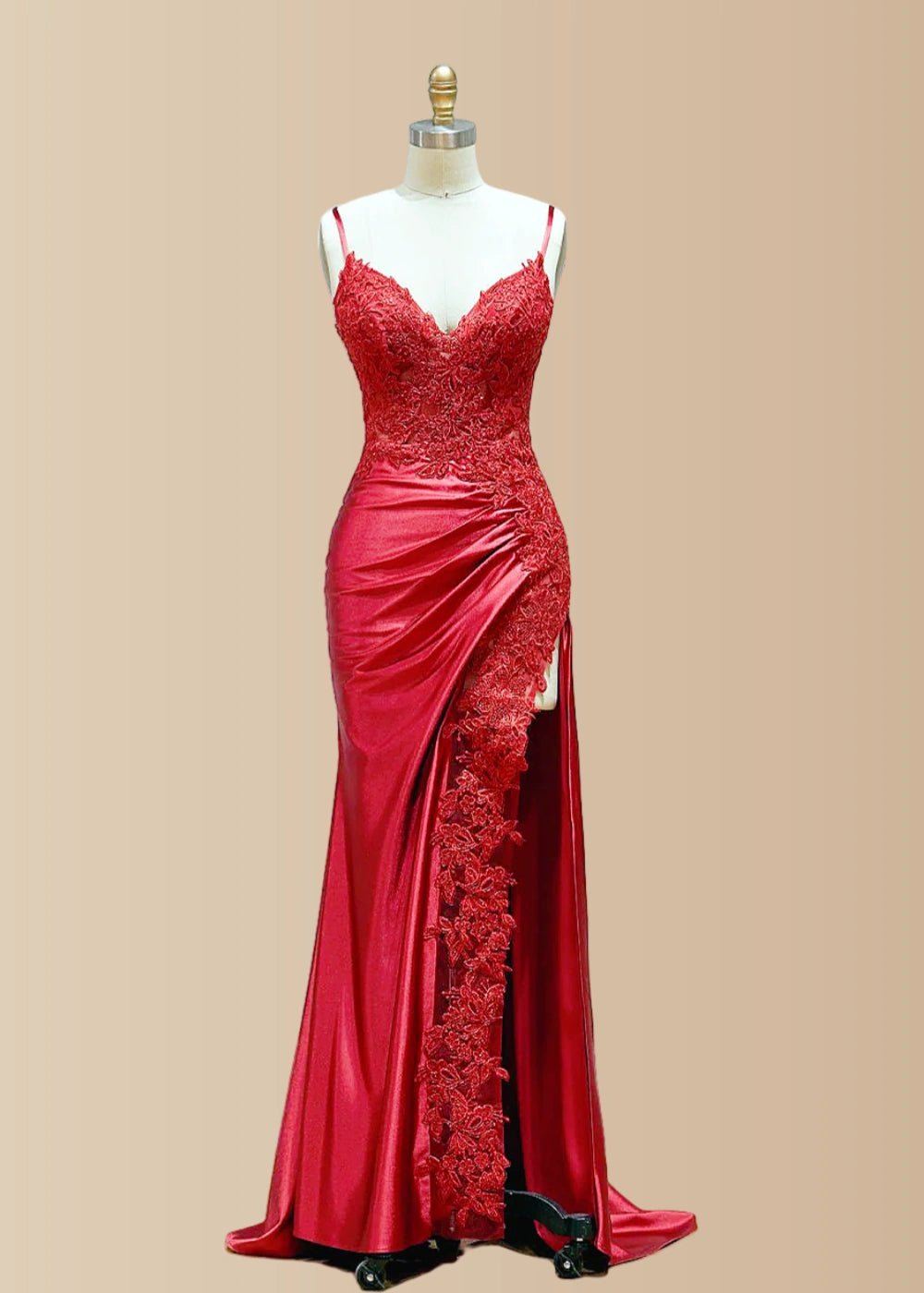 Kristin | Black Prom Dresses Long Mermaid V Neck Lace with High Slit - Red - PromDressClub