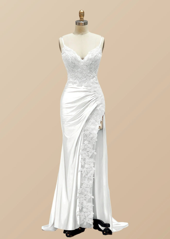 Kristin | Black Prom Dresses Long Mermaid V Neck Lace with High Slit - White - PromDressClub