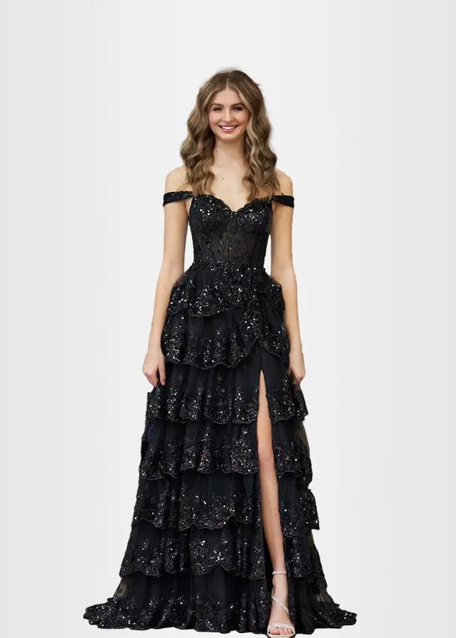 Lydia | A Pink Prom Dress Long A Line Princess Off the Shoulder Lace Ruffles With Corset - Light Blue - PromDressClub