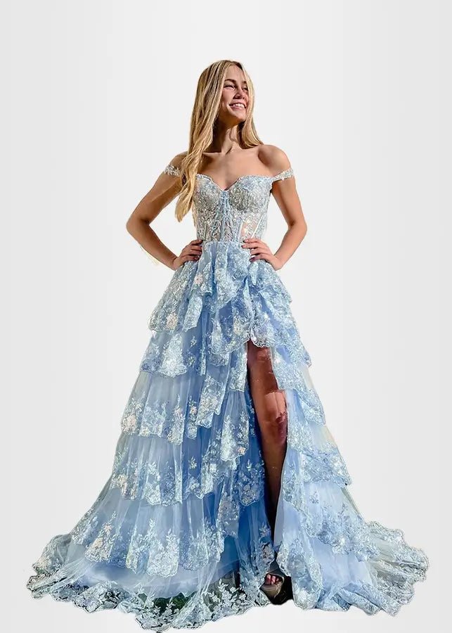 Lydia | A Pink Prom Dress Long A Line Princess Off the Shoulder Lace Ruffles With Corset - Light Blue - PromDressClub