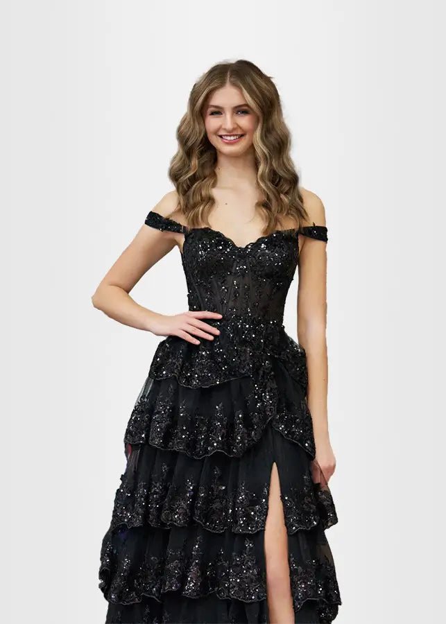 Lydia | A Pink Prom Dress Long A Line Princess Off the Shoulder Lace Ruffles With Corset - Black - PromDressClub