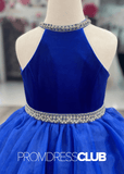 Laura | Halter Royal Blue Velvet Long Pageant Dresses for Girls - Royal Blue - PromDressClub