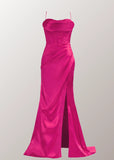 Laura |Mermaid Fuchsia Spaghetti Straps Satin Long Prom Dress with Slit - Fuchsia - US0 - PromDressClub