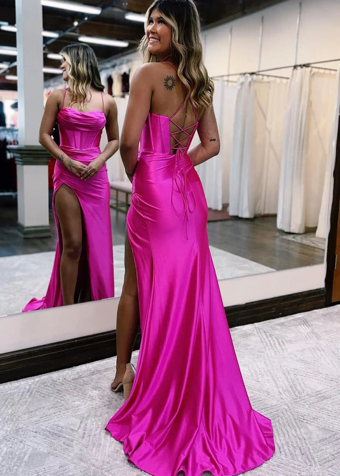 Laura | Mermaid Spaghetti Strap Fuchsia Satin Open Back Prom Dresses with Slit - Fuchsia - PromDressClub