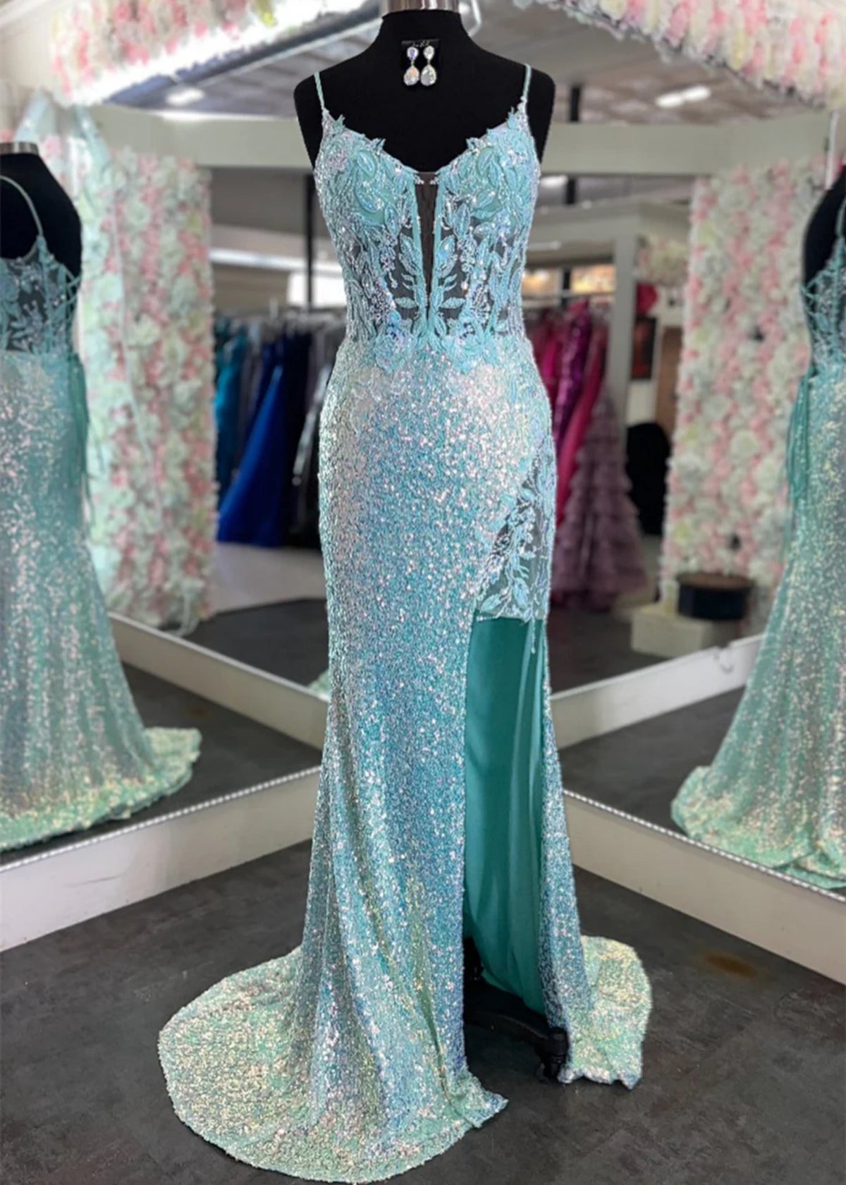 Laurel | Mermaid Sparkly Spaghetti Straps Aqua Sequin Long Prom Dress - Aqua - PROMDRESS Club