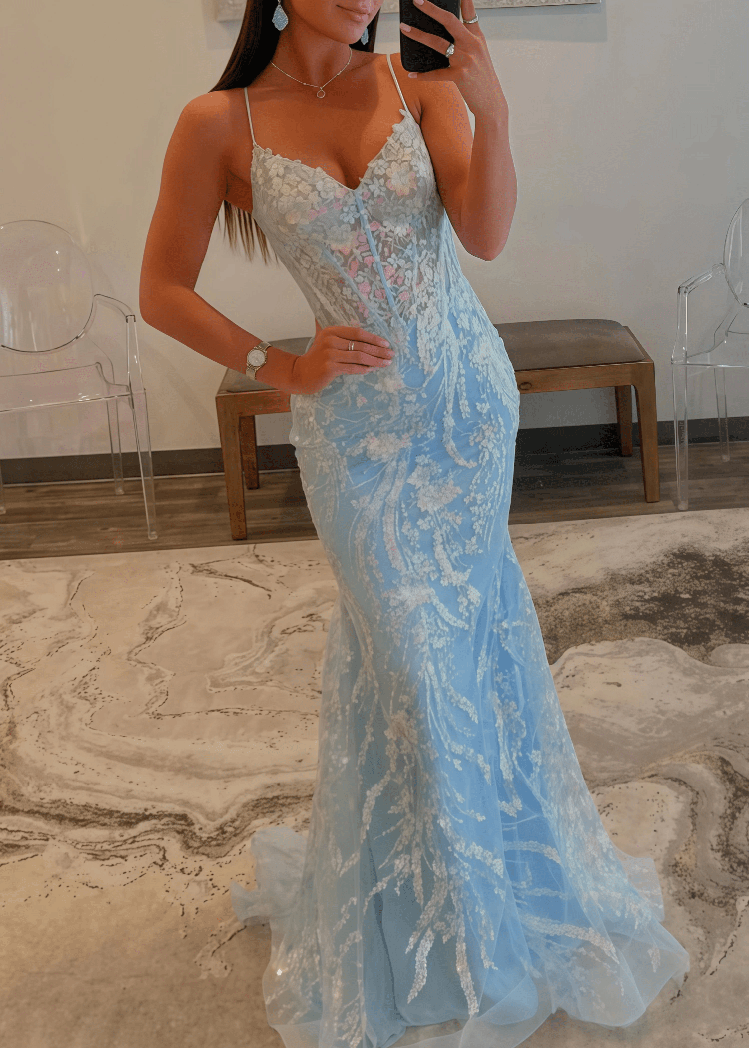 Laurel |Mermaid Straps Light Blue V - Neck Sequin Appliques Long Prom Dress - Sky Blue - US0 - PromDressClub