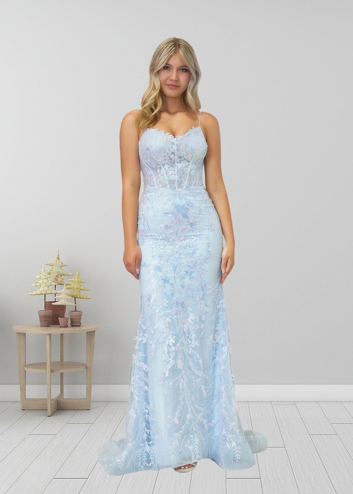 Laurel |Mermaid Straps Light Blue V - Neck Sequin Appliques Long Prom Dress - Sky Blue - US0 - PromDressClub