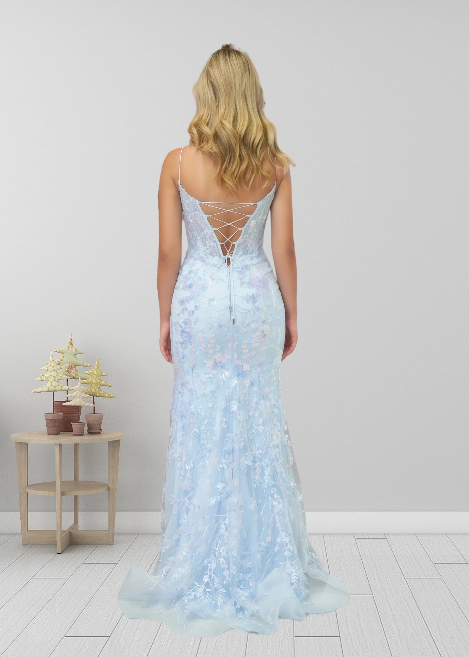 Laurel |Mermaid Straps Light Blue V - Neck Sequin Appliques Long Prom Dress - Sky Blue - US0 - PromDressClub