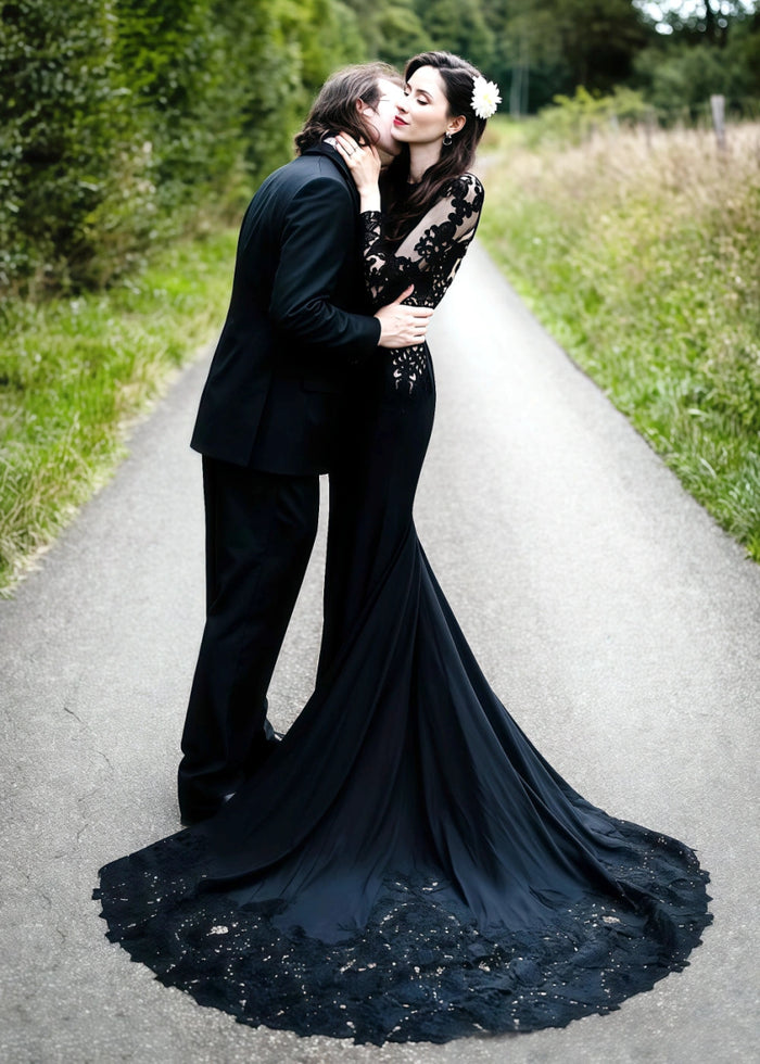 Lauren | Elegant Black Mermaid Lace Wedding Dress with Long Sleeves and Open Back - Black - PromDressClub