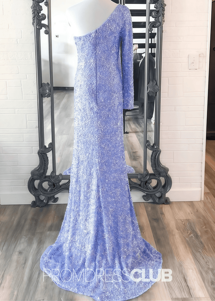 Lauren |Long Gold Prom Dresses Shops With Stunning Sequins Mermaid One Sleeve Slit - Price #price_variant_lowest# - Light Blue - PromDressClub