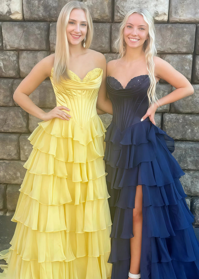 Lesley|A - Line Sweetheart Chiffon Corset Ruffled Long Blue Prom Dress with Slit - Yellow - PromDressClub