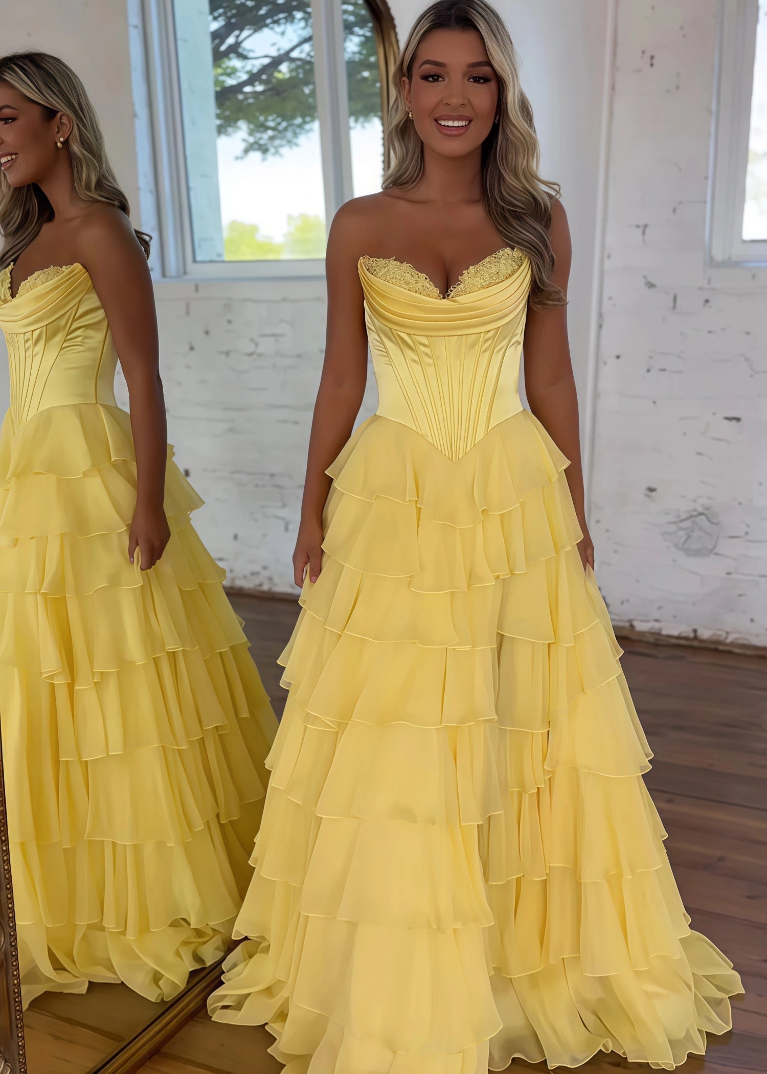 Lesley|A - Line Sweetheart Chiffon Corset Ruffled Long Blue Prom Dress with Slit - Yellow - US0 - PromDressClub