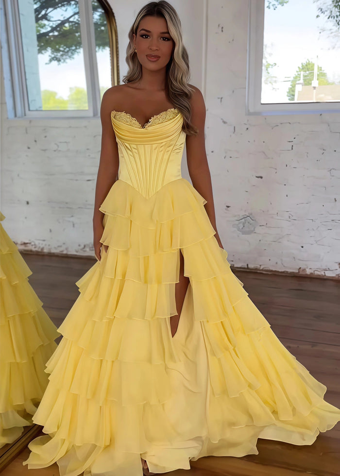Lesley|A - Line Sweetheart Chiffon Corset Ruffled Long Blue Prom Dress with Slit - Yellow - PromDressClub