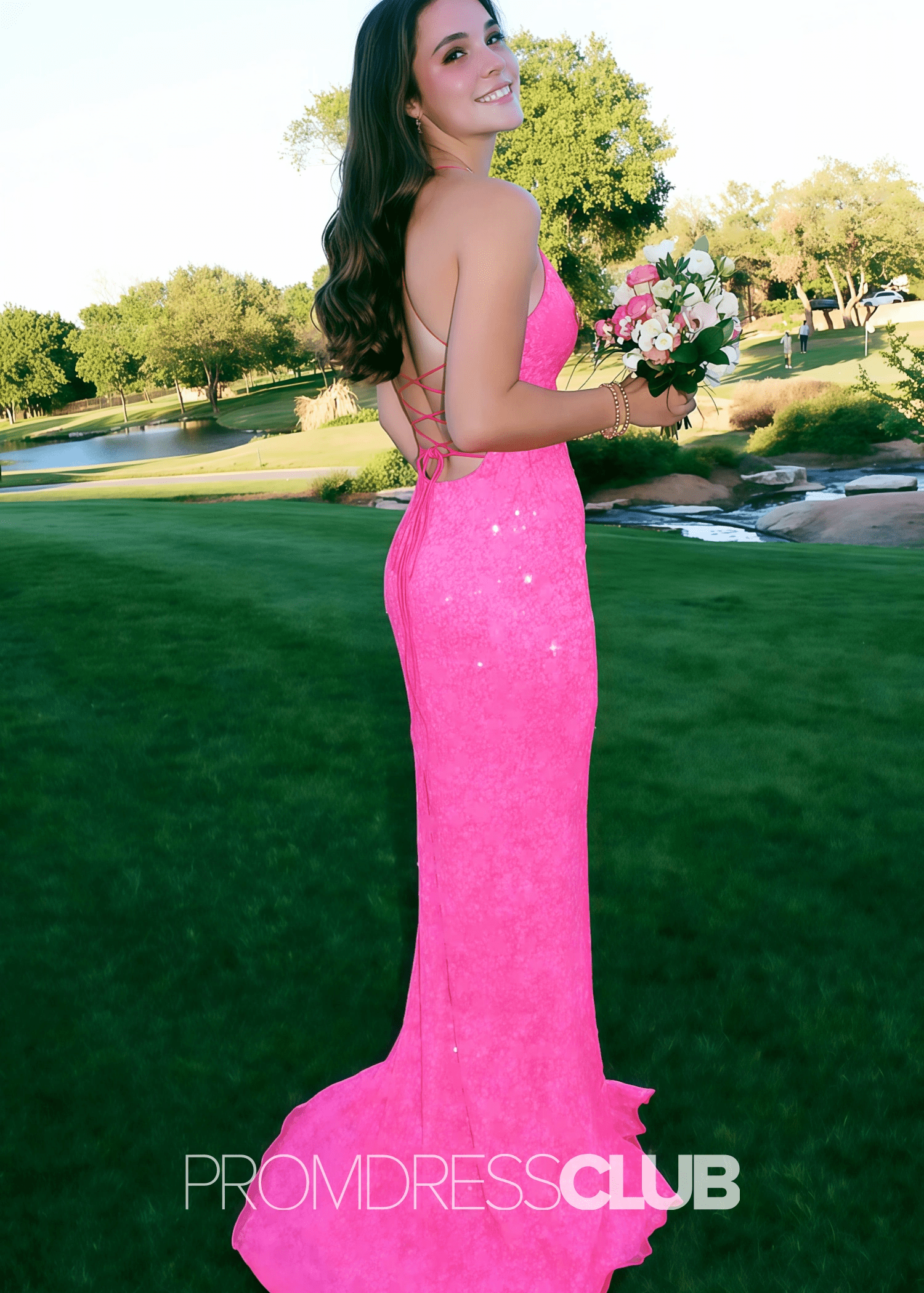 Letitia |Long Hot Pink Prom Dresses Near Me With Spaghetti Straps Neon Sequin Mermaid - Hot Pink - US0 - PromDressClub