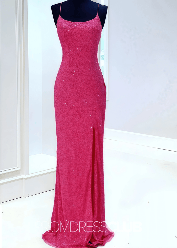 Letitia |Long Hot Pink Prom Dresses Near Me With Spaghetti Straps Neon Sequin Mermaid - Price #price_variant_lowest# - Hot Pink - PromDressClub