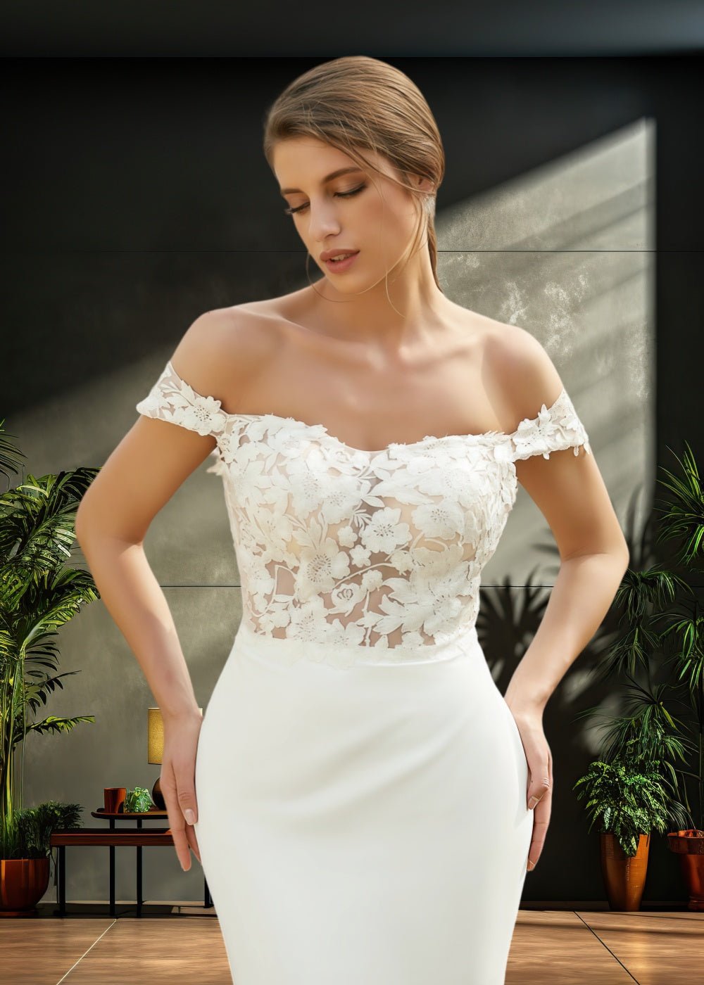 Letitia | Off the Shoulder Lace Satin Mermaid Wedding Dress with Long Train - Ivory - PromDressClub