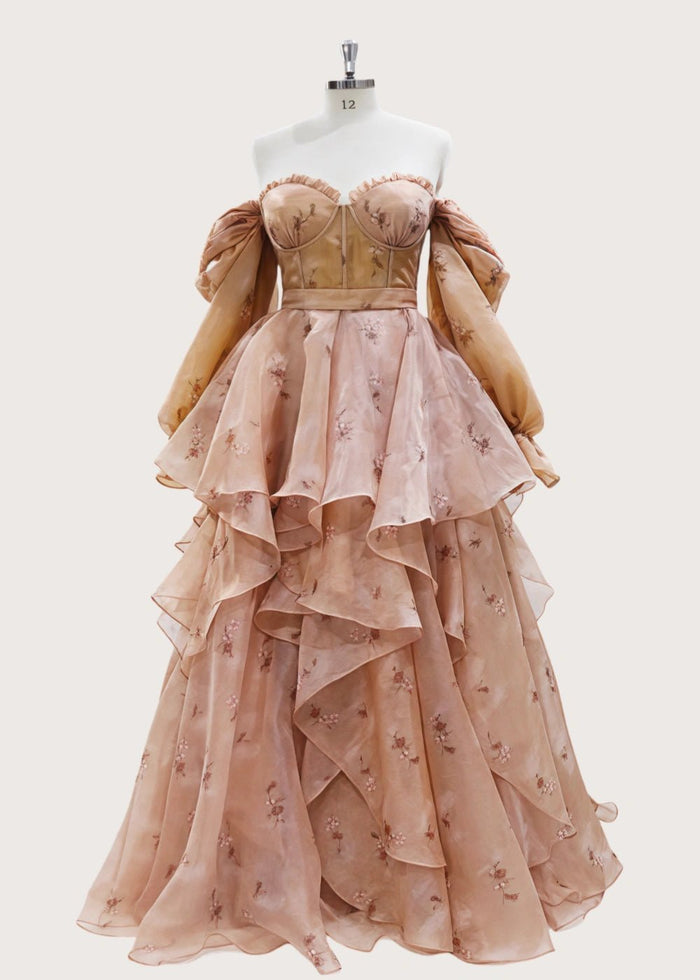 Light Pink Strapless Off the Shoulder Long Sleeve Formal Dress - Blush Floral - PromDressClub