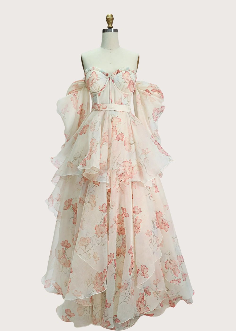 Light Pink Strapless Off the Shoulder Long Sleeve Formal Dress - Light Pink Floral - PromDressClub