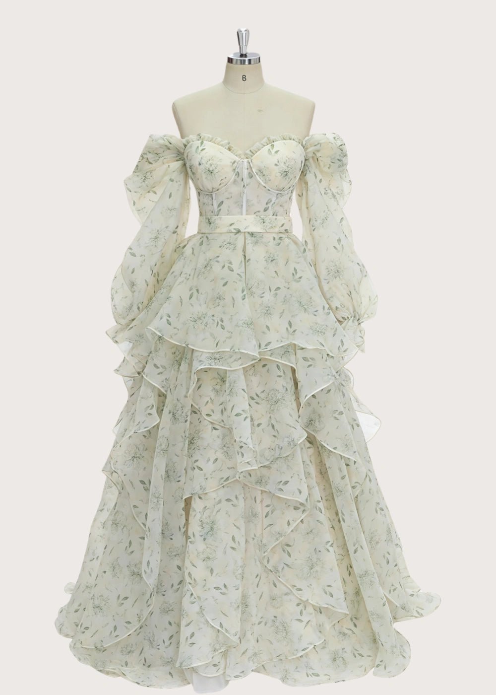 Light Pink Strapless Off the Shoulder Long Sleeve Formal Dress - Sage Floral - PromDressClub