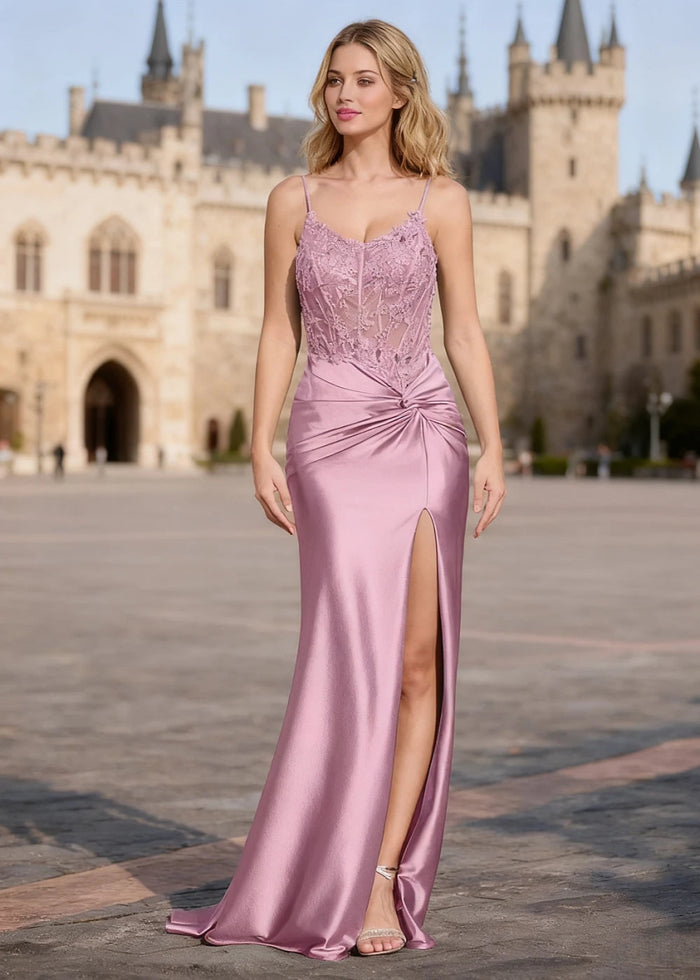 Lila Dusty Rose Mermaid Lace Beaded Prom Dress | Spaghetti Straps V - Neck Pleated Satin Dress with Slit - US0 - PromDressClub