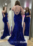 Lilith |Plue Size Royal Blue Long Prom Dresses Near Me With Sequin Strapless V Neck Mermaid Slit - Royal Blue - US0 - PromDressClub