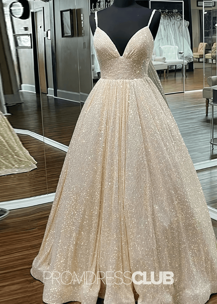 Lindsay |Hot Pink Plus Size Long Prom Dresses Near Me With A - line V Neck Sequins - Price #price_variant_lowest# - Champagne - PromDressClub