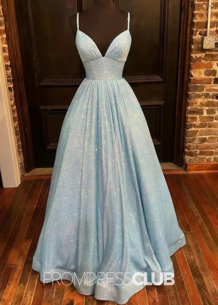 Lindsay |Hot Pink Plus Size Long Prom Dresses Near Me With A - line V Neck Sequins - Price #price_variant_lowest# - Light Blue - PromDressClub