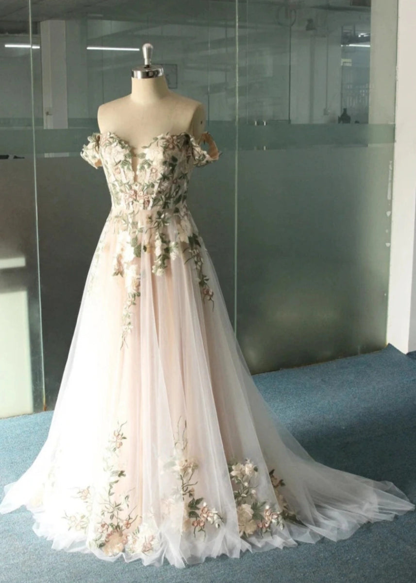 Lindsay | Say "I Do" in Dreamy Floral Embroidery & Corset Wedding Dress Perfection - White Floral - PromDressClub