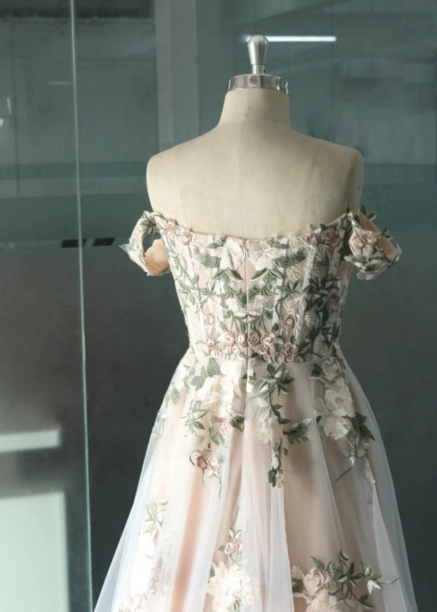 Lindsay | Say "I Do" in Dreamy Floral Embroidery & Corset Wedding Dress Perfection - White Floral - PromDressClub