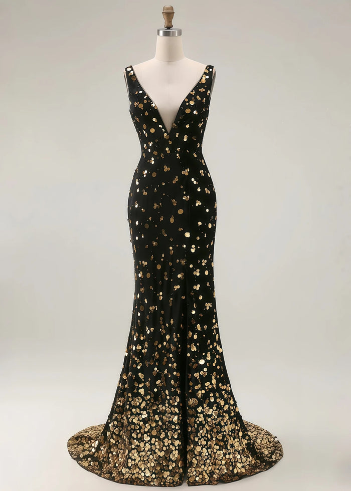 Liora Black and Gold Sequin Prom Dress | Mermaid V - Neck Backless Cocktail Dress with Slit - Black and Gold - PromDressClub