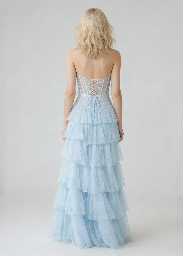Lira Light Blue Glitter Prom Dress with Ruffles | A - Line Strapless Corset Formal Dress with Bow - Light Blue - PromDressClub