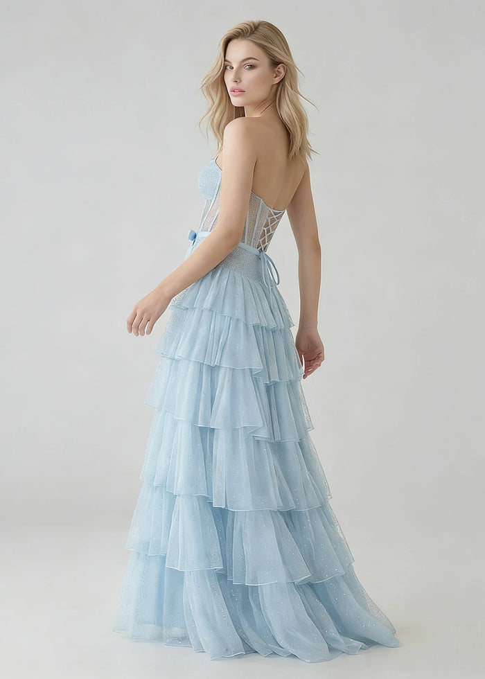 Lira Light Blue Glitter Prom Dress with Ruffles | A - Line Strapless Corset Formal Dress with Bow - Light Blue - PromDressClub