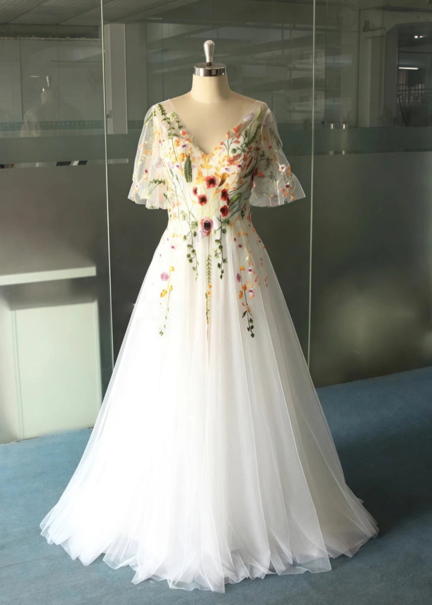 Lisa | Discover Floral Cap Sleeve V Neck Wedding Dresses for Elegant Brides - White Floral - PromDressClub