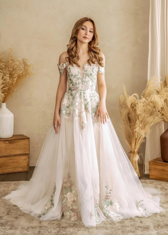 Liv | Say "I Do" to a Romantic Off the Shoulder Wedding Dress Under 500 - White Floral - PromDressClub