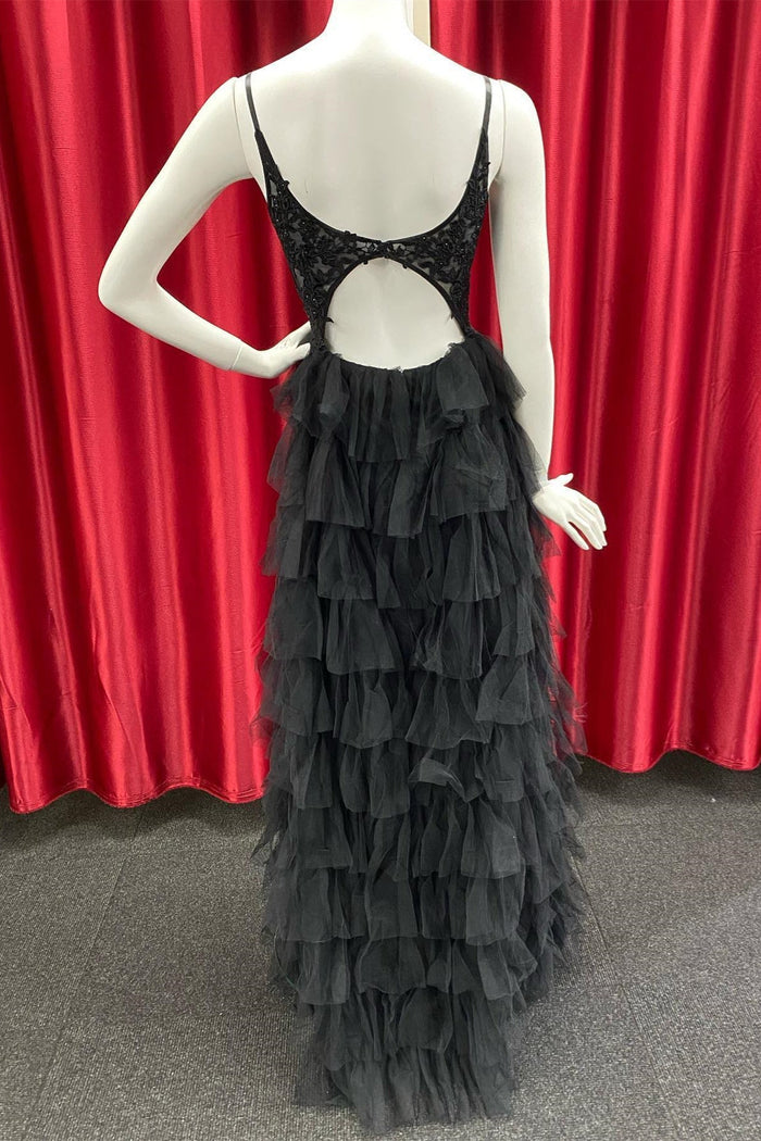 Rosalind | A Line Backless Black Lace and Tulle Prom Dress with Ruffles - Black - PromDressClub