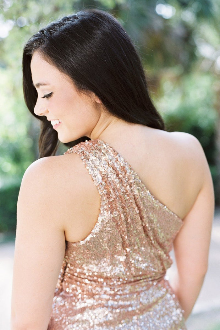 Lorraine | Long Sequins Rose Gold Bridesmaid Dress One Shoulder - Rose Gold - PromDressClub