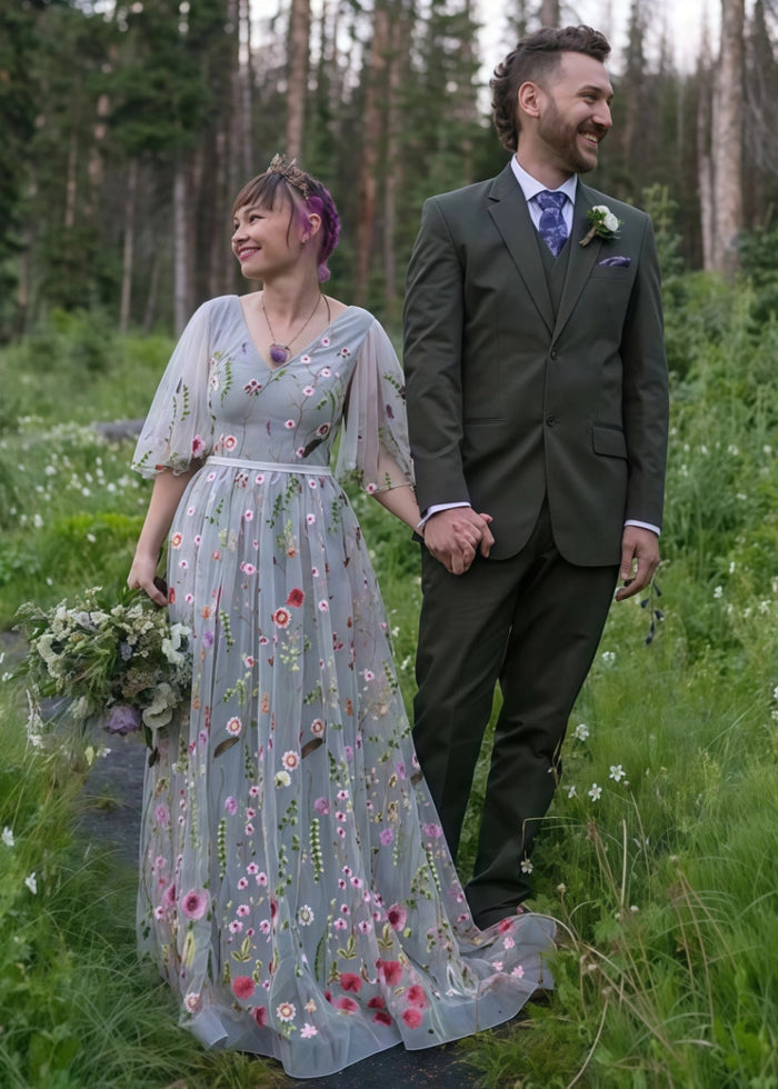 Lorelei | Discover Flattering A Line Floral Wedding Dresses with Sleeves - White Floral - PromDressClub